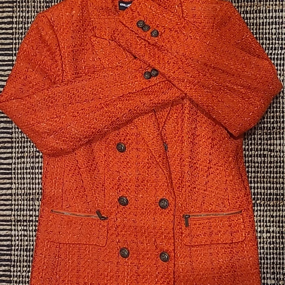 NWT KARL LAGERFELD PARIS ORANGE TWEED DOUBLE BREASTED BLAZER - Picture 5 of 14